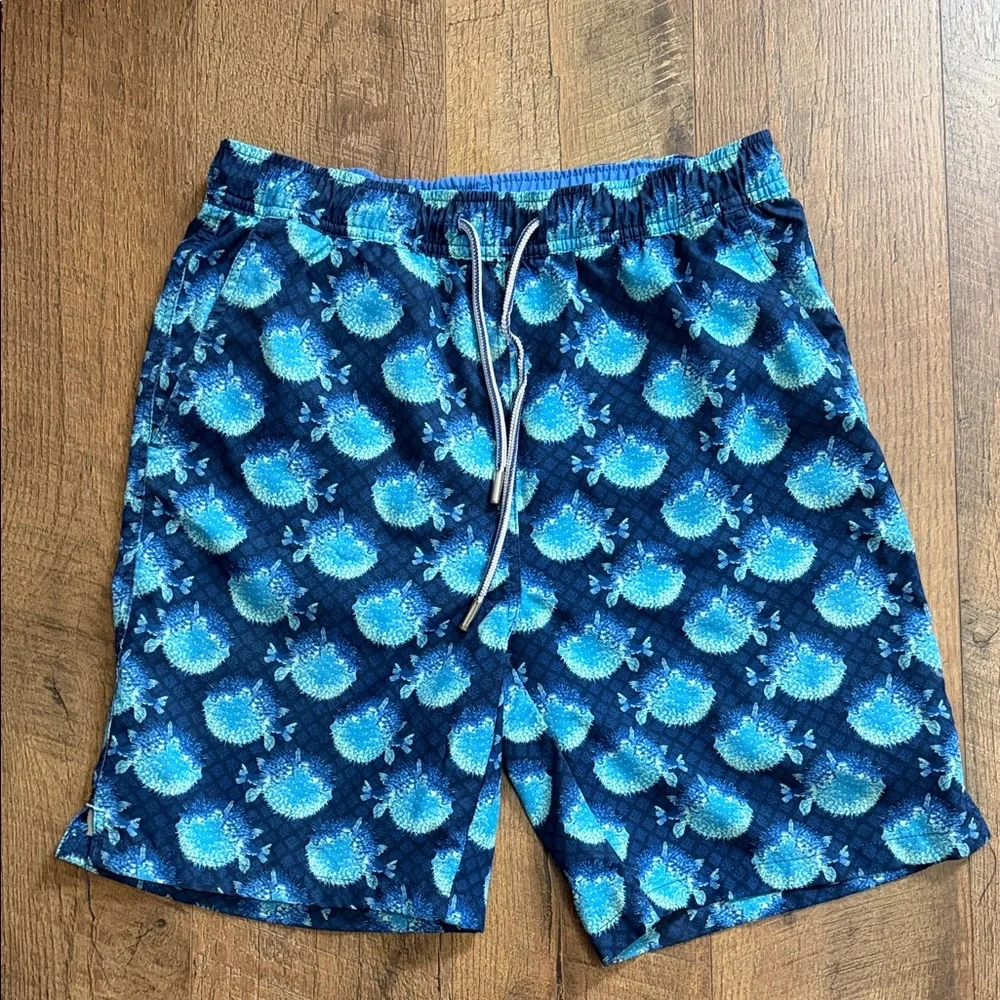 Peter Millar Navy and Light Blue Patterned Swim Shorts - Picture 1 of 10